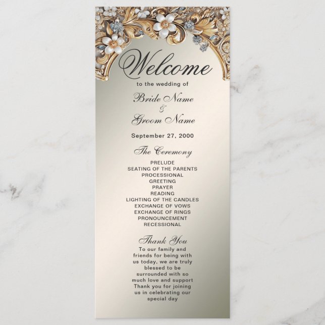Decorative Gold White Floral Wedding Program Programme (Front)