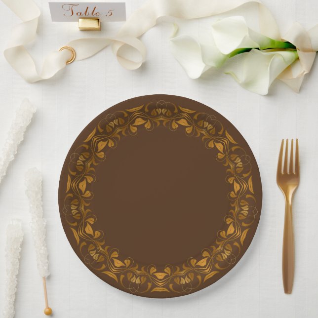 Decorative Golden-Floral Pattern Paper Plate (Wedding)