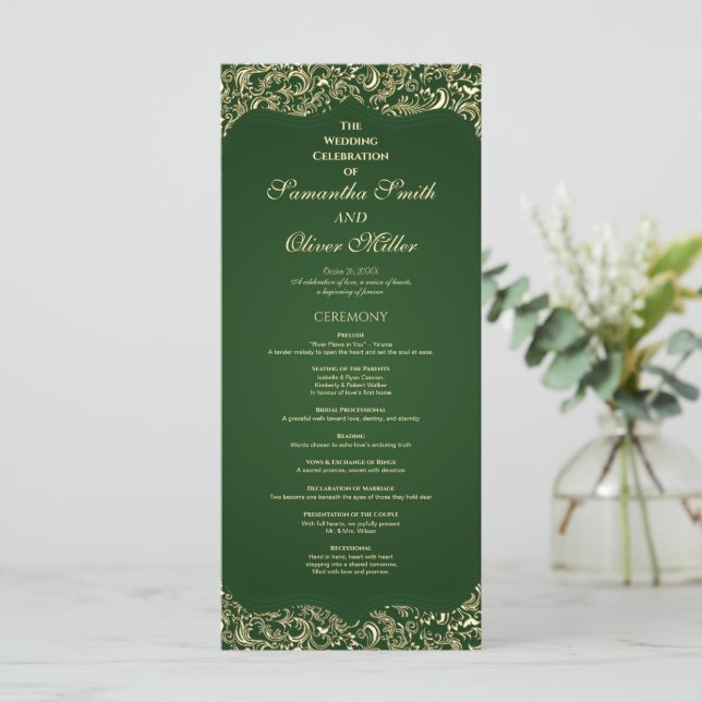 Decorative Green And Gold Wedding Program Programme (Standing Front)