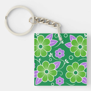 Decorative Green and Purple Floral Pattern Key Ring