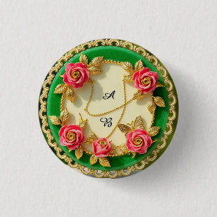 Decorative Green Rim Plate With Pink Rose 3 Cm Round Badge