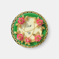Decorative Green Rim Plate With Pink Rose