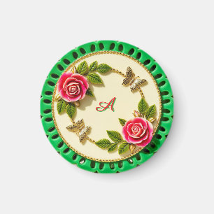 Decorative Green Rim Plate With Pink Rose Magnet