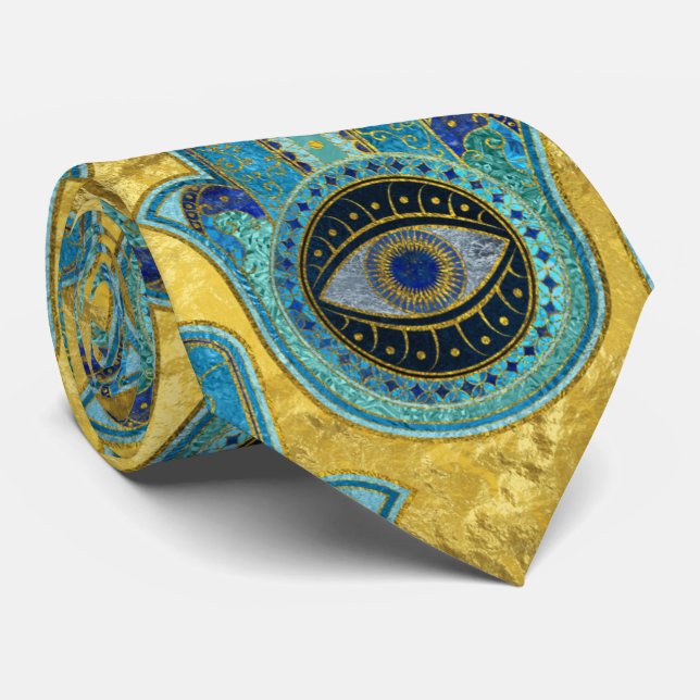 Decorative Hamsa Hand pattern on gold Tie (Rolled)