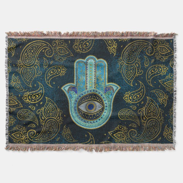 Decorative Hamsa Hand with paisley background Throw Blanket (Front)