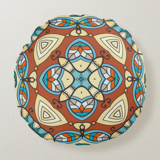 Decorative hand drawn seamless pattern. Colourful  Round Cushion (Front)
