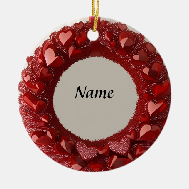 Decorative Heart Wreath with Bright Red Hearts  Ceramic Tree Decoration (Front)