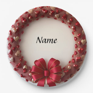 Decorative Heart Wreath with Bright Red Hearts Paper Plate