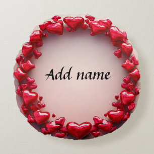 Decorative Heart Wreath with Bright Red Hearts  Round Cushion