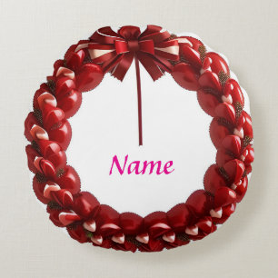 Decorative Heart Wreath with Bright Red Hearts Round Cushion
