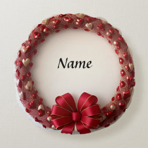Decorative Heart Wreath with Bright Red Hearts Round Cushion