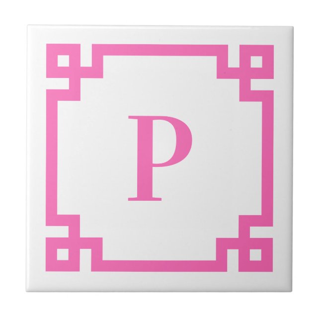 Decorative Hot Pink Greek Key Border Monogram Tile (Front)