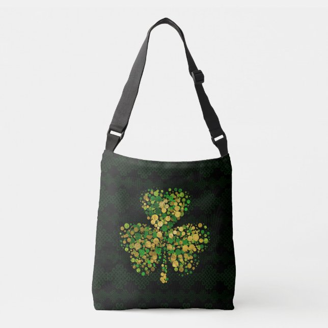 Decorative Irish Shamrock -Clover Gold and Green Crossbody Bag (Front)