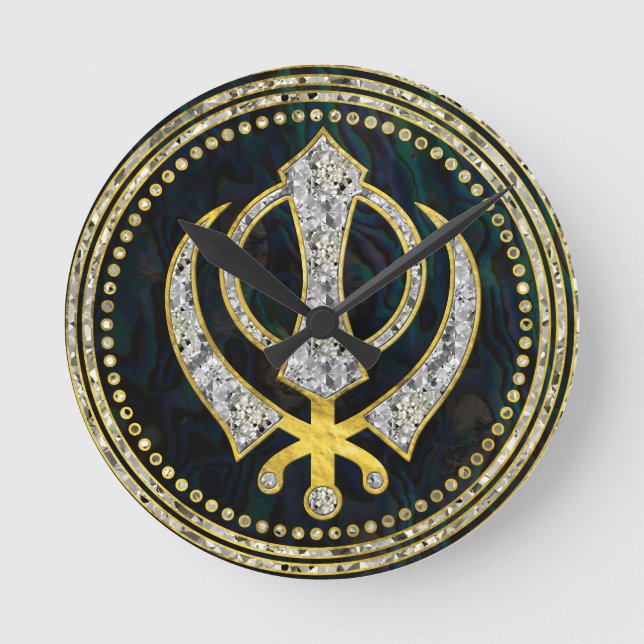 Decorative Khanda symbol with gemstones & gold Round Clock (Front)