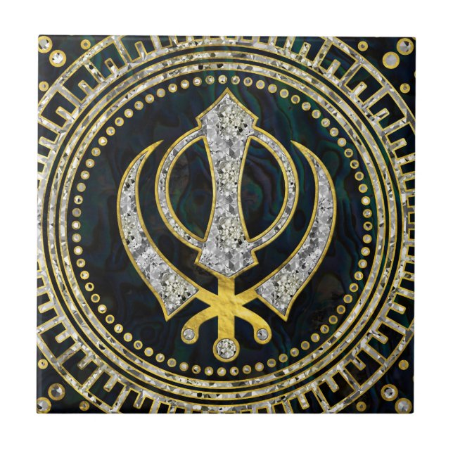 Decorative Khanda symbol with gemstones & gold Tile (Front)