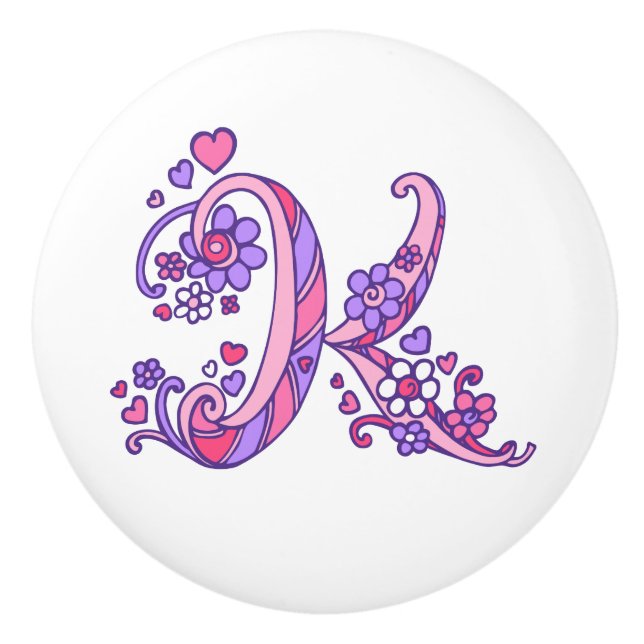 Decorative letter K monogram pink purple knob (Front)