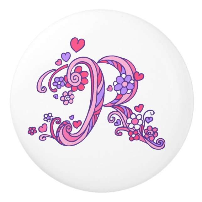 Decorative letter R monogram pink handle knob (Front)