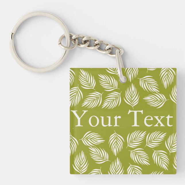 Decorative Lime Green Leaves Pattern Custom Text Key Ring (Front)