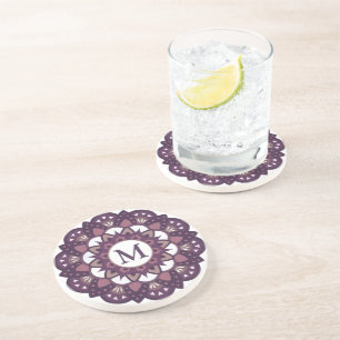 Decorative Magenta Flower Mandala Monogram Coaster