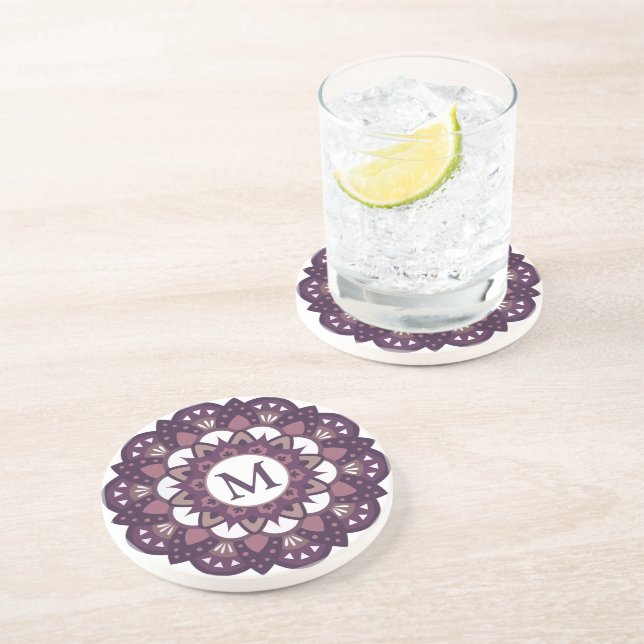 Decorative Magenta Flower Mandala Monogram Coaster (Side)