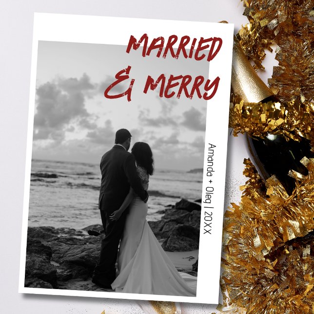 Decorative Married and Merry Modern Deep Burgundy Holiday Card (Creator Uploaded)