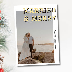 Decorative Married and Merry Modern Soft Gold Text Holiday Card