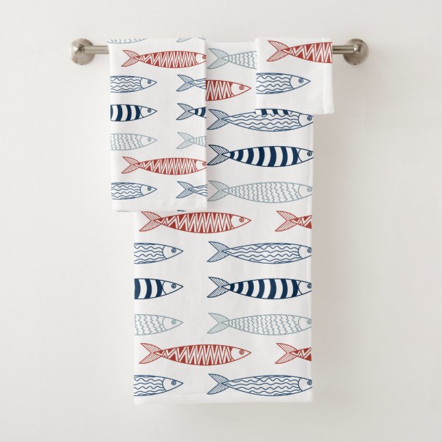 Decorative Mediterranean Sardines Fish Pattern Bath Towel Set (Insitu)