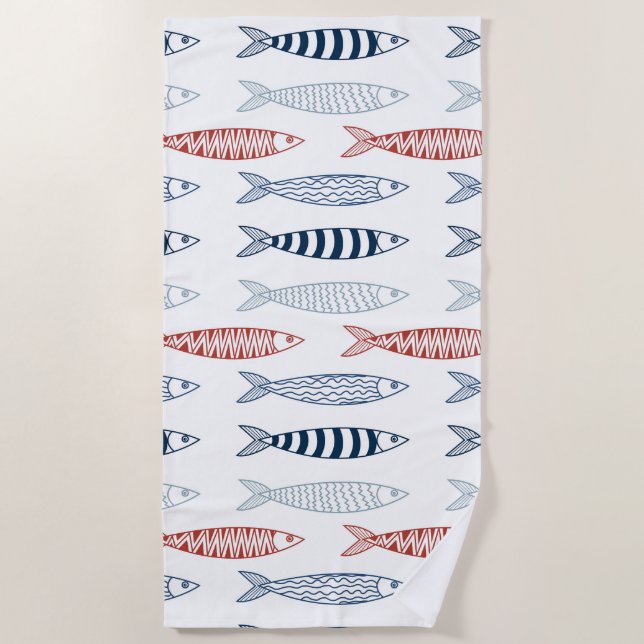Decorative Mediterranean Sardines Fish Pattern Beach Towel (Front)