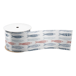 Decorative Mediterranean Sardines Fish Pattern Satin Ribbon