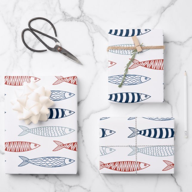 Decorative Mediterranean Sardines Fish Pattern Wrapping Paper Sheet (Front)