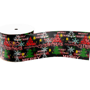 Decorative Merry Christmas Text Pattern Design  Grosgrain Ribbon