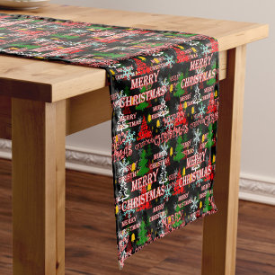Decorative Merry Christmas Text Pattern Design Short Table Runner