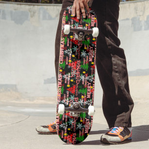 Decorative Merry Christmas Text Pattern Design  Skateboard