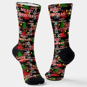 Decorative Merry Christmas Text Pattern Design  Socks