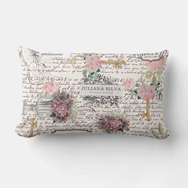 Decorative modern Frenchy newspaper style Floral Lumbar Cushion (Front)