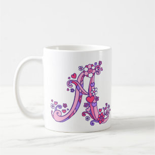 Decorative Monogram A hearts & flowers pink mug