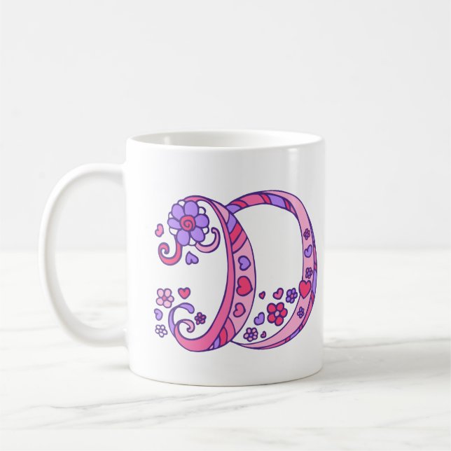 Decorative Monogram D hearts & flowers pink mug (Left)