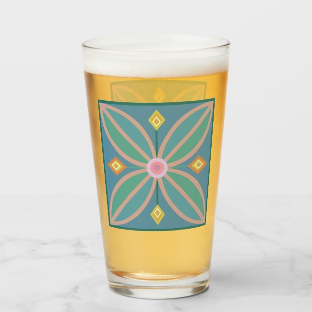 Decorative Moroccan flower tiled teal lemon & pink Glass (Front Filled)