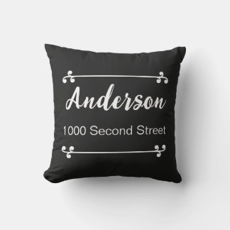 Decorative Name Street Address Black Cushion