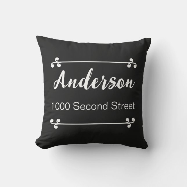 Decorative Name Street Address Black Cushion (Front)
