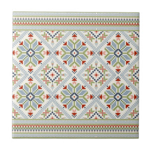 Decorative Ocean Blue and Red Floral Mosaic  Tile