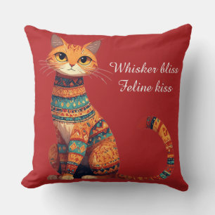 Decorative Ornamental Cat with Flowers Boho Art Cushion