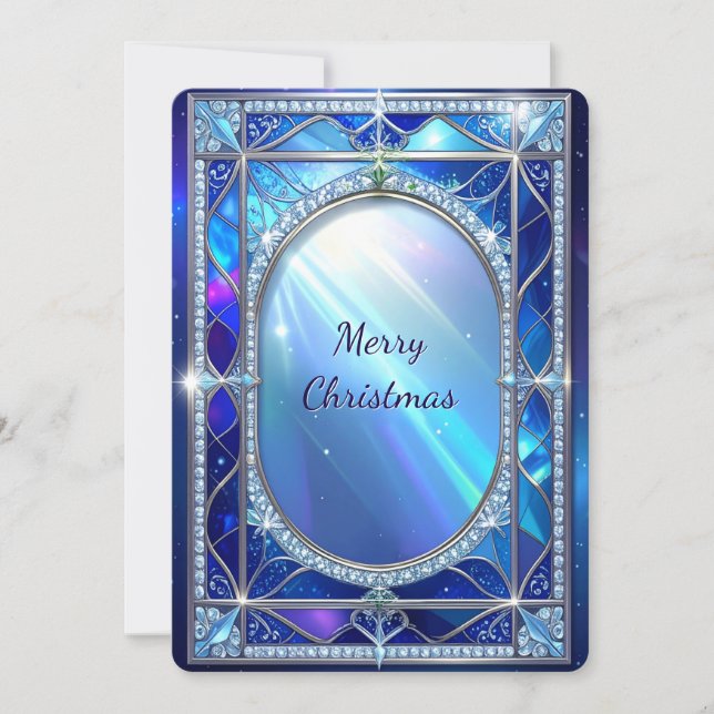 Decorative Oval Blue Frame Holiday Card (Front)