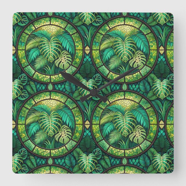 Decorative panel with a lush green tropical  square wall clock (Front)