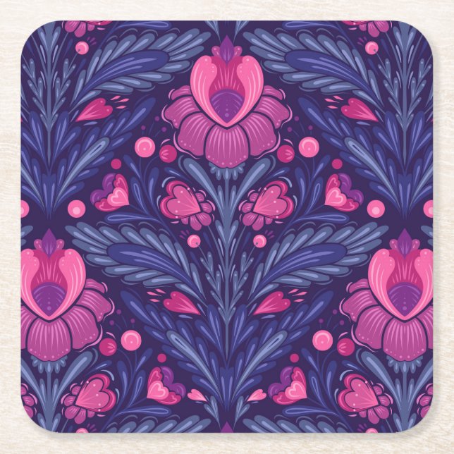 Decorative pattern with hearts square paper coaster (Front)