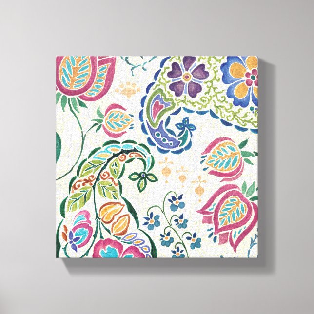 Decorative Peacock and Colourful Flowers Canvas Print (Front)