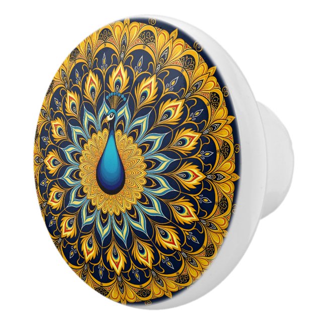 Decorative peacock bird on white ceramic knob (Right)
