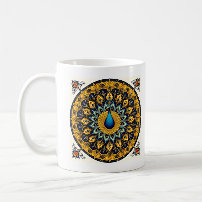 Decorative peacock bird on white coffee mug (Left)