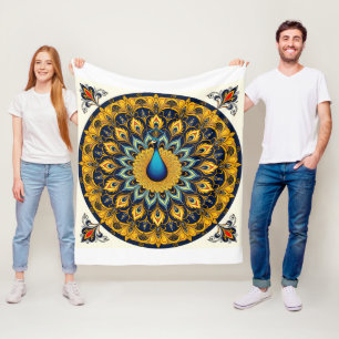 Decorative peacock bird on white fleece blanket