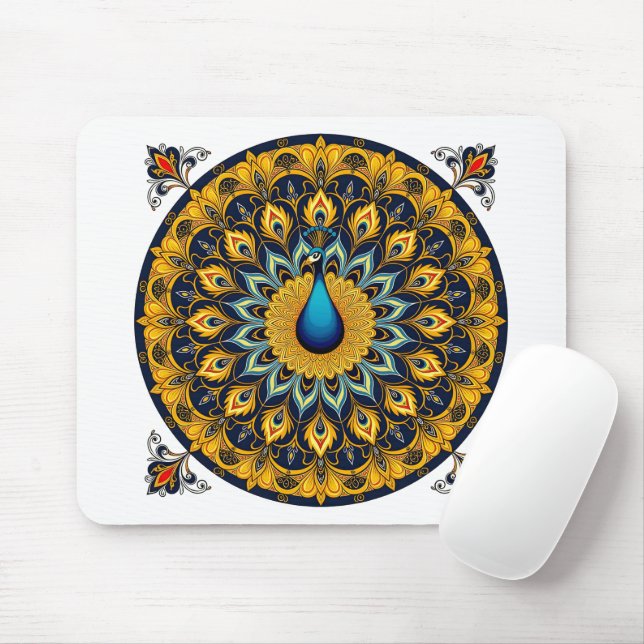 Decorative peacock bird on white mouse pad (With Mouse)